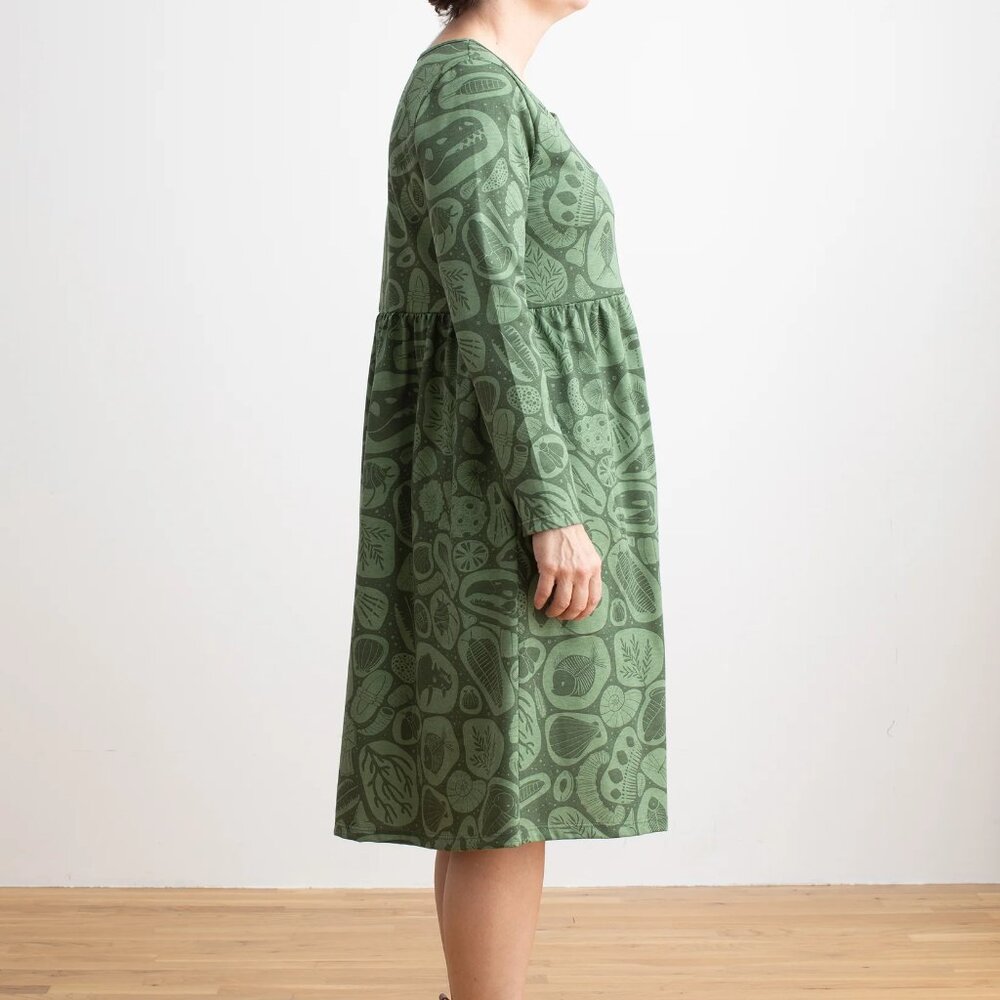Winter Water Factory Dress Copenhagen Green Fossil Print LS Organic Cotton XS - Picture 3 of 16